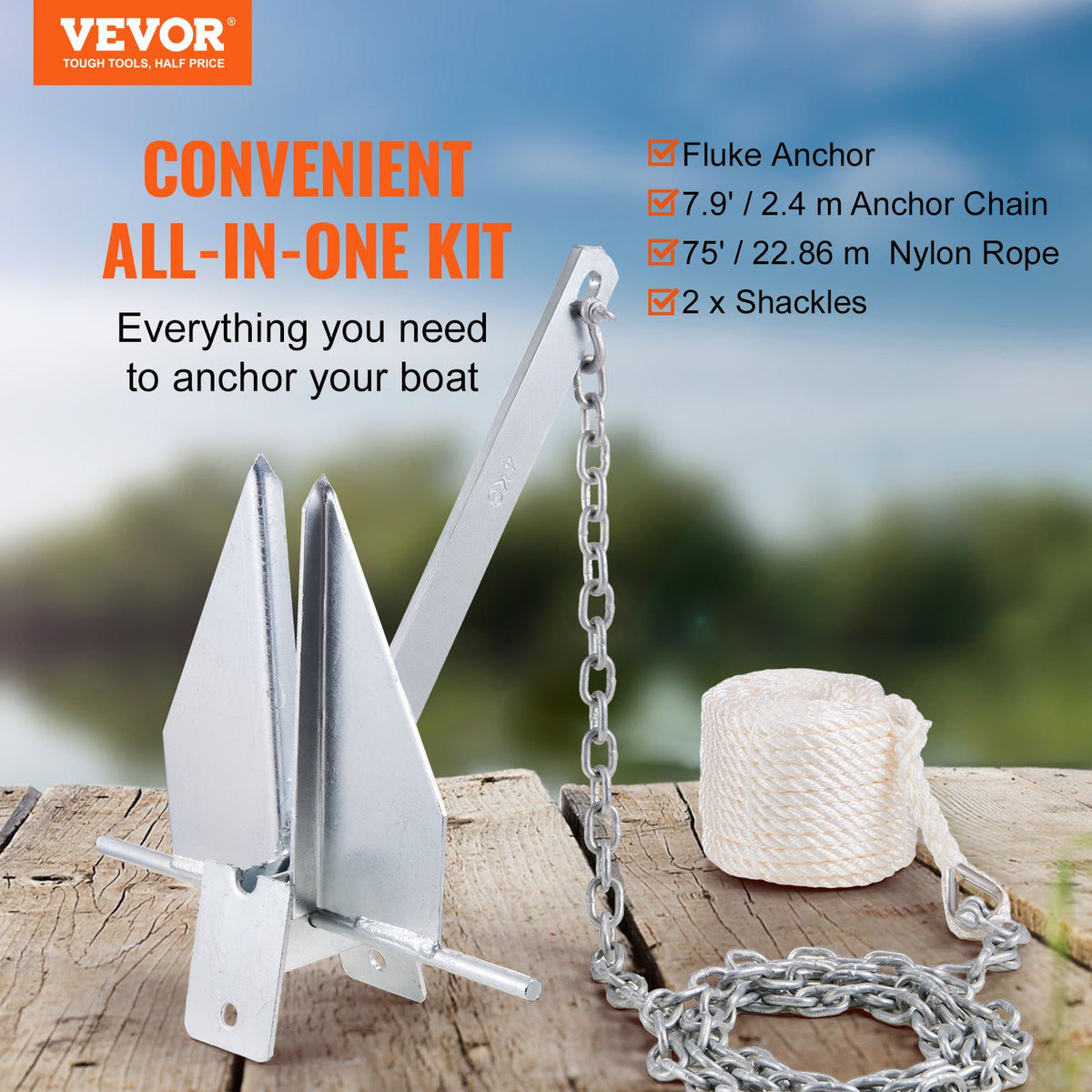 Fluke Style Anchor Kit, 8.5 LBS Hot-Dipped Galvanized Steel Fluke Anchor With 7.9 Chain, 75 Rope And Two 0.4 Shackles, Marine Boat Anchor For Small Vessels Under 18, Seas, Rivers And Shores — product image 19