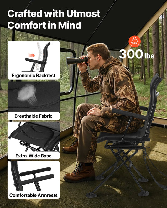 Hunting Chair, 360° Silent Swivel, Foldable Portable Blind Chair, Heavy-Duty Steel Frame Ground Stool Seat, With Armrests, Adjustable Carry Strap, Anti-Sink Feet, 300 Lbs Capacity For Fishing — product image 2