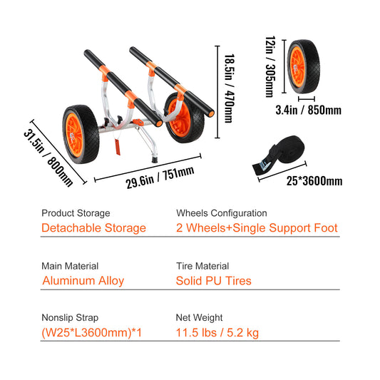 VEVOR Heavy Duty Kayak Cart, 450lbs Load Capacity, Detachable Canoe Trolley Cart With 12'' Solid Tires, Adjustable Width & Nonslip Support Foot, For Kayaks Canoes Paddleboards Float Mats Jon Boats — product image 2
