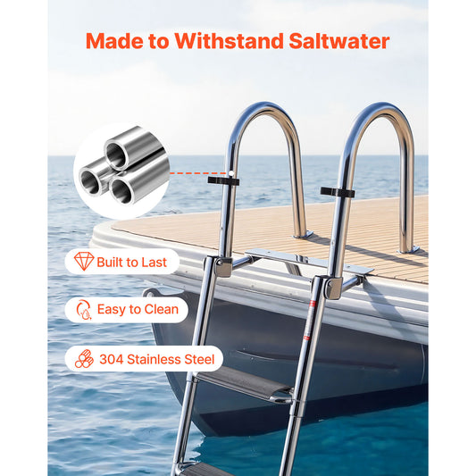 Boat Ladder, 4 Steps, Stainless Steel Telescoping Folding Swim Deck Ladder For Rear Entry Inboard, 600lbs Capacity With Extra Wide Anti-Slip Steps & Handrails, For Outboards, Yacht, Pontoon Boat — product image 2