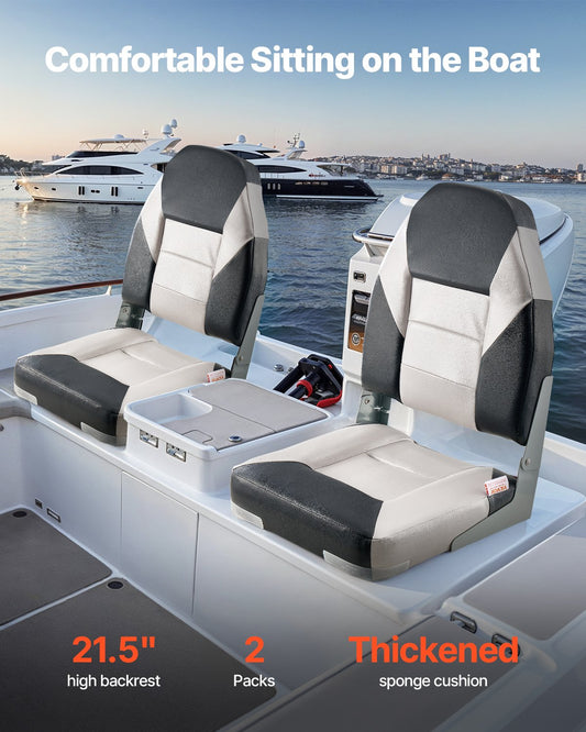 Boat Seat, High Backrest, Folding Fishing Boat Seat With Thickened Sponge Cushion & Waterproof PVC Leather, Aluminum Alloy Hinges, Flip Up Boat Seat For Boats, Yachts, Ships, Black & Grey — product image 2