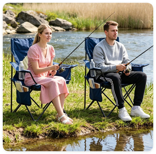 Folding Camping Chair, Heavy-Duty Metal Frame Portable Outdoor Chair with Cup Holder, Insulated Cooler Bag & Side Pocket for Camping Fishing Beach - Blue — product image 2