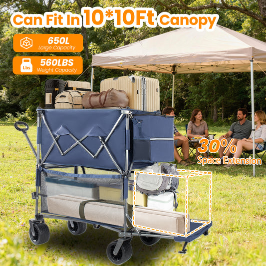 55 Heavy Duty Double- Layer Wagon With Brakes 560LBS Double Decker Wagon 650L Collapsible Wagons Carts With 7 X4 All- Terrain Wheels For Sports Camping Fishing Transport Dark Blue — product image 2