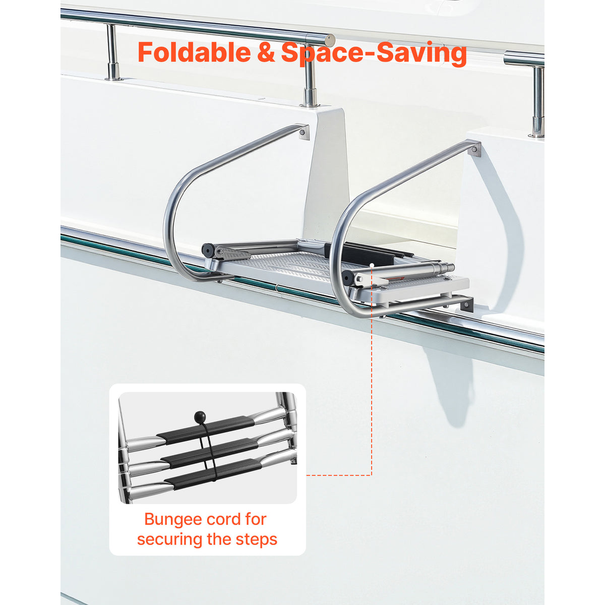 Boat Ladder, 3 Steps, Stainless Steel Telescoping Folding Swim Deck Ladder For Rear Entry Inboard, 400 Lbs Capacity With Wide Anti-Slip Steps & Handrails, For Outboards, Yacht, Pontoon Boats — product image 6