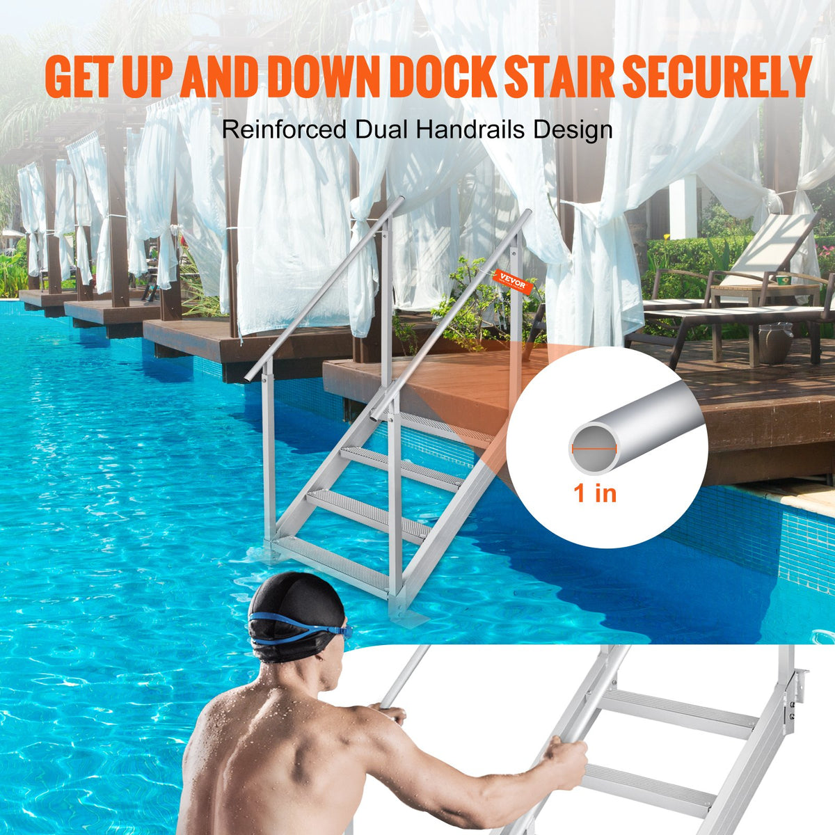 Dock Ladder 4 Step, Dock Stairs 30''-38'' Adjustable Height, 500 Lbs Load Capacity, Aluminum Pontoon Boat Ladder With Dual Handrails & Nonslip Rubber Mat For Ship/Lake/Pool/Marine Boarding — product image 5