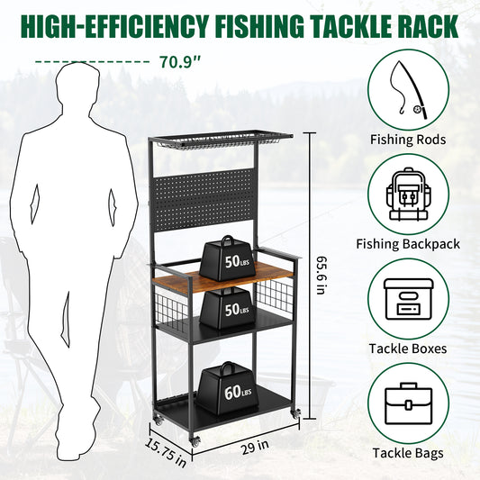 Fishing Rod Storage Rack With Pegboard, Rolling Tackle Organizer Cart, Multi-Tier Fishing Gear Stand For Rods, Reels, Tackle Boxes & Bags, Heavy Duty Metal Holders With Lockable Wheels — product image 2