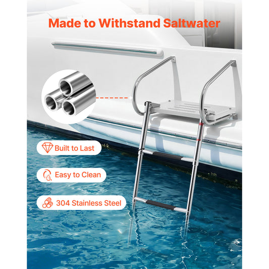 Boat Ladder, 3 Steps, Stainless Steel Telescoping Folding Swim Deck Ladder For Rear Entry Inboard, 400 Lbs Capacity With Wide Anti-Slip Steps & Handrails, For Outboards, Yacht, Pontoon Boats — product image 2