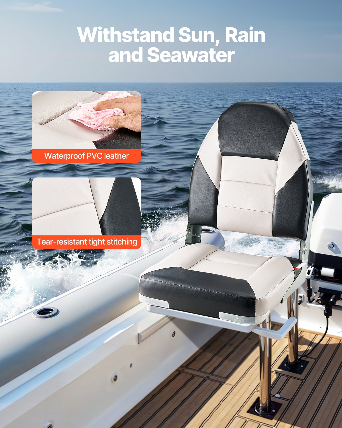 Boat Seat, High Backrest, Folding Fishing Boat Seat With Thickened Sponge Cushion & Waterproof PVC Leather, Aluminum Alloy Hinges, Flip Up Boat Seat For Boats, Yachts, Ships, Black & Grey — product image 3