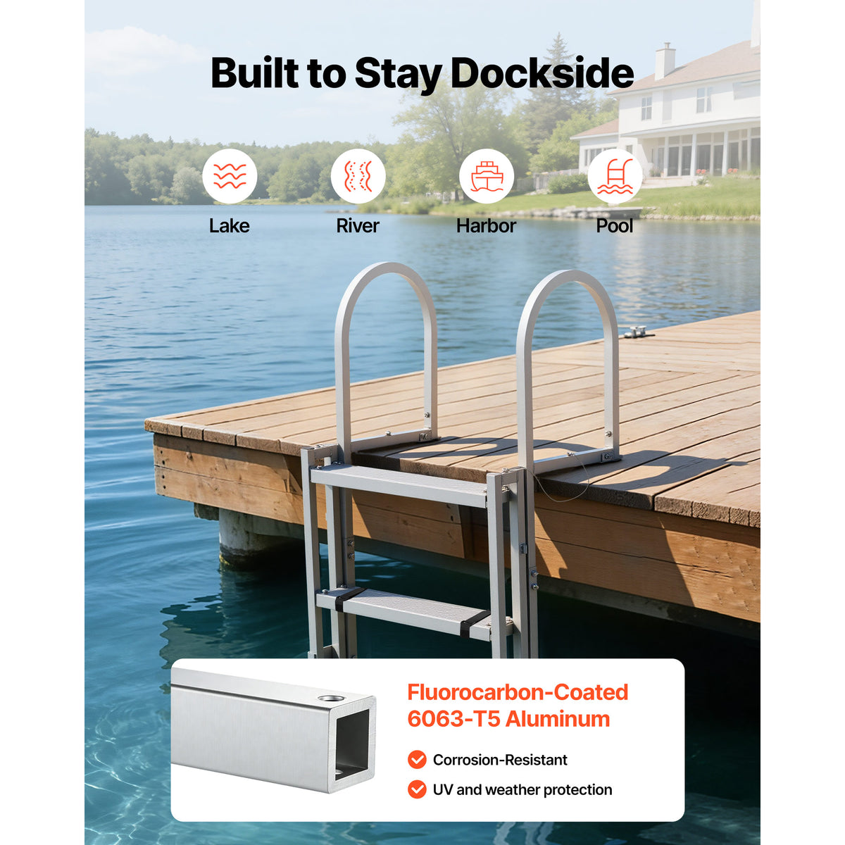 Retractable Dock Ladder, 5 Steps, Aluminum Alloy Pontoon Boat Swim Ladder, With Non-Slip Wide Steps, 350 Lbs Weight Capacity, Adjustable Height, For Lake Swimming, Pool, Boat, Marine Boarding — product image 6