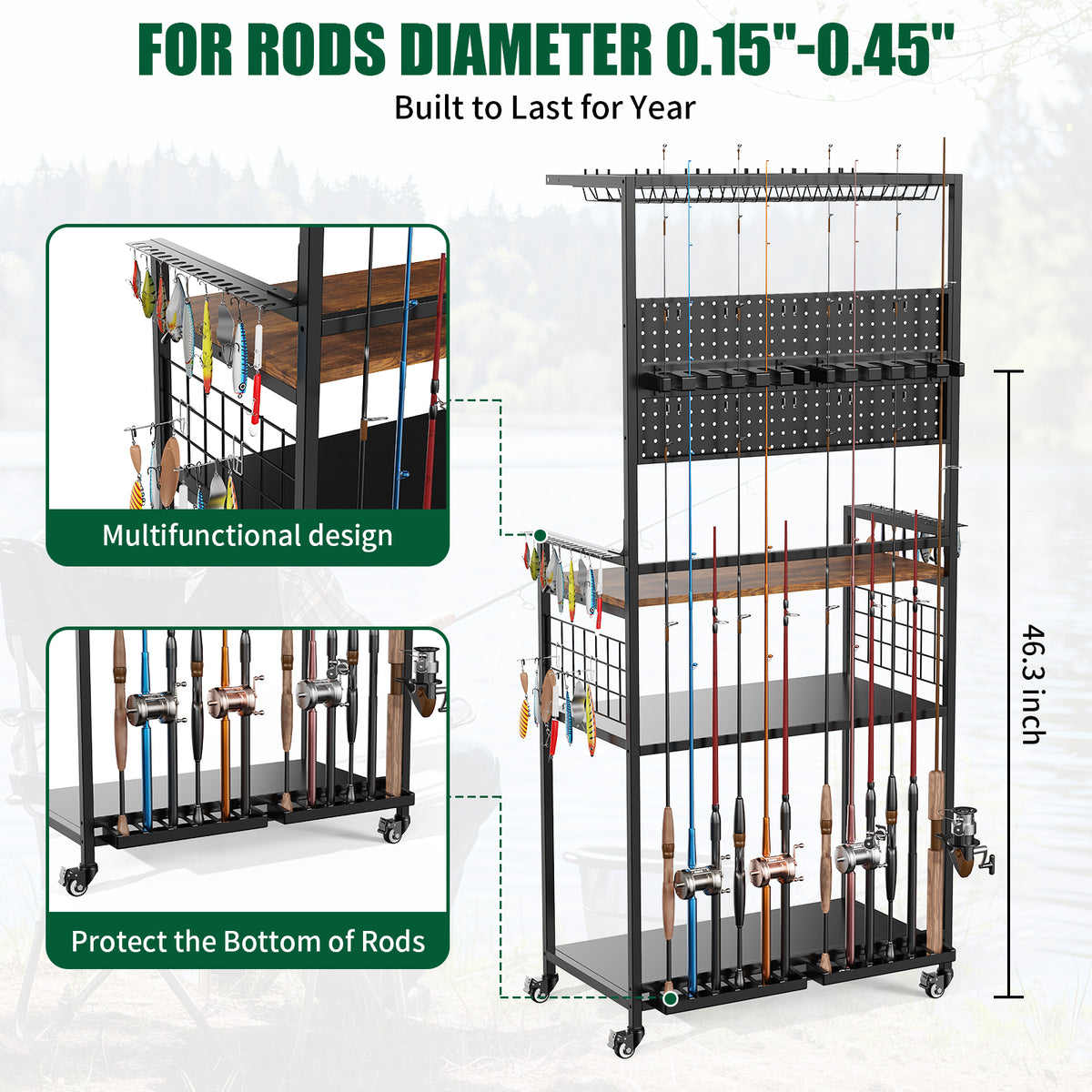 Fishing Rod Storage Rack With Pegboard, Rolling Tackle Organizer Cart, Multi-Tier Fishing Gear Stand For Rods, Reels, Tackle Boxes & Bags, Heavy Duty Metal Holders With Lockable Wheels — product image 3