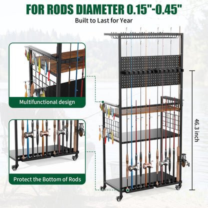 Fishing Rod Storage Rack With Pegboard, Rolling Tackle Organizer Cart, Multi-Tier Fishing Gear Stand For Rods, Reels, Tackle Boxes & Bags, Heavy Duty Metal Holders With Lockable Wheels — product image 3