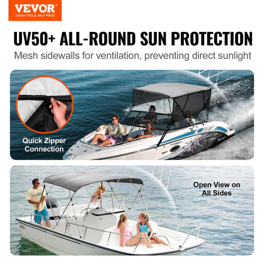 4 Bow Bimini Top Boat Cover, Detachable Mesh Sidewalls, 600D Polyester Canopy With 1" Aluminum Alloy Frame, Includes Storage Boot, 2 Straps, 2 Support Poles, 8'L X 54"H X 91"-96"W, Light Grey — product image 2