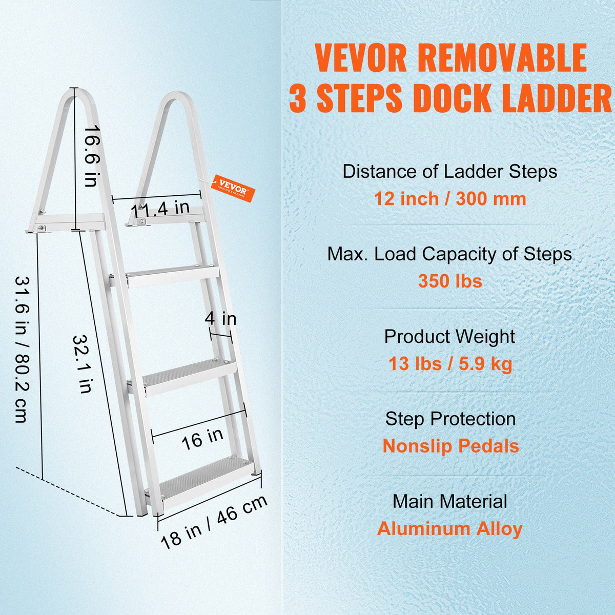 VEVOR Dock Ladder, Removable 3 Steps, 350 Lbs Load Capacity, Aluminum Alloy Pontoon Boat Ladder With 4 Wide Step & Nonslip Rubber Mat, Easy To Install For Ship Lake Pool Marine Boarding — product image 3