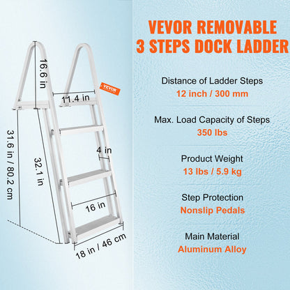 VEVOR Dock Ladder, Removable 3 Steps, 350 Lbs Load Capacity, Aluminum Alloy Pontoon Boat Ladder With 4 Wide Step & Nonslip Rubber Mat, Easy To Install For Ship Lake Pool Marine Boarding — product image 3