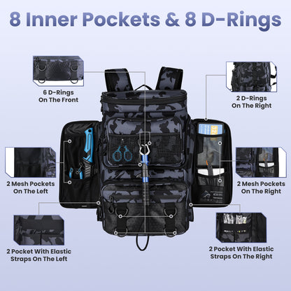 42L 11Gal Fishing Backpack Large Capacity Fishing Tackle Storage Bag With Rod Holders 16 Pocket Water-Resistant With Divider Adjustable Padded Straps For Fishing Gear Outdoor Camping Hiking — product image 7