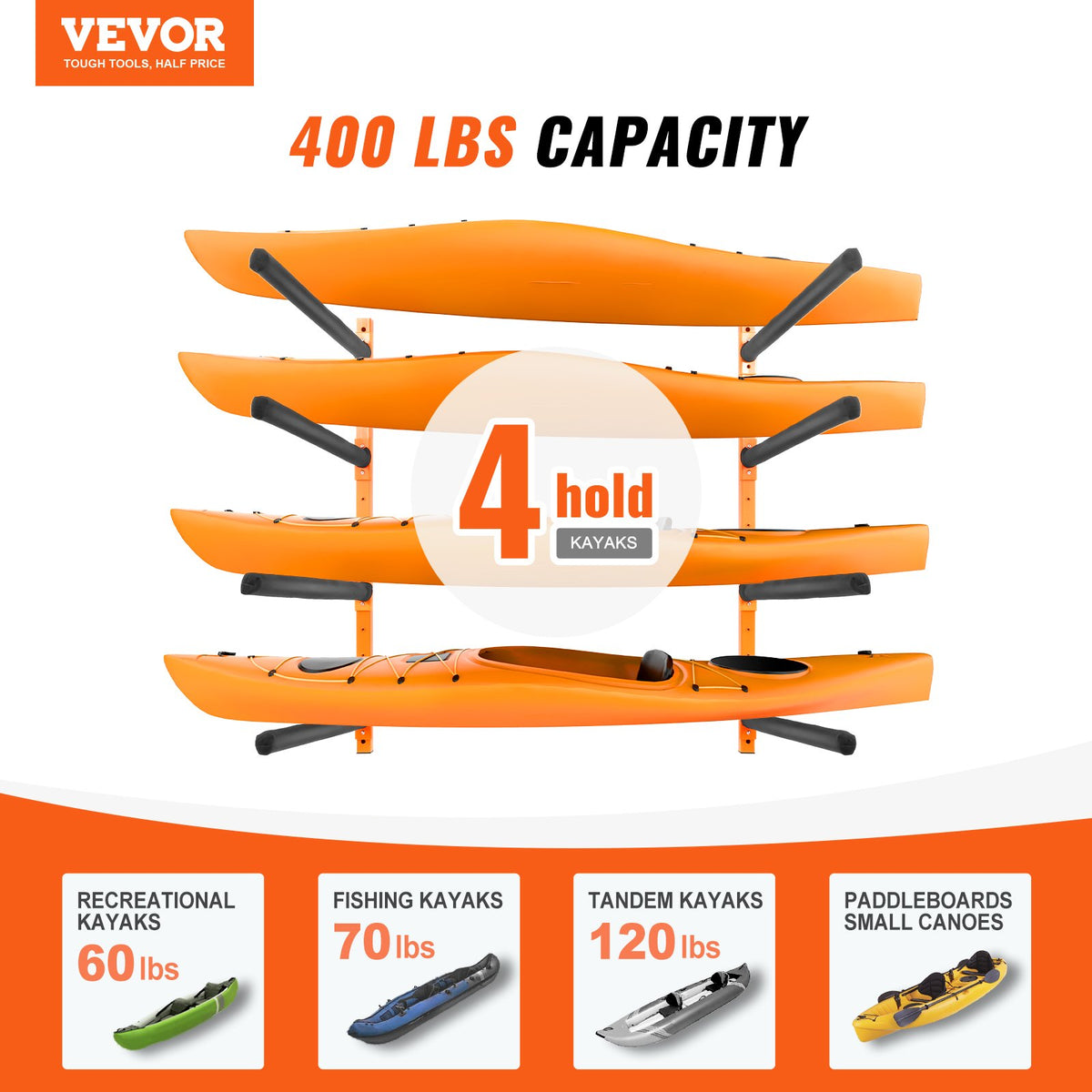 Wall Kayak Storage Rack, 4-Capacity Wall Mounted Kayak Holders For Kayak Canoe Paddle Board, Kayak Storage Hooks With Adjustable Padded Arms, 400 LBS Load Kayak Hanger For Indoor Outdoor Garage — product image 2