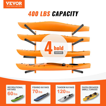 Wall Kayak Storage Rack, 4-Capacity Wall Mounted Kayak Holders For Kayak Canoe Paddle Board, Kayak Storage Hooks With Adjustable Padded Arms, 400 LBS Load Kayak Hanger For Indoor Outdoor Garage — product image 2