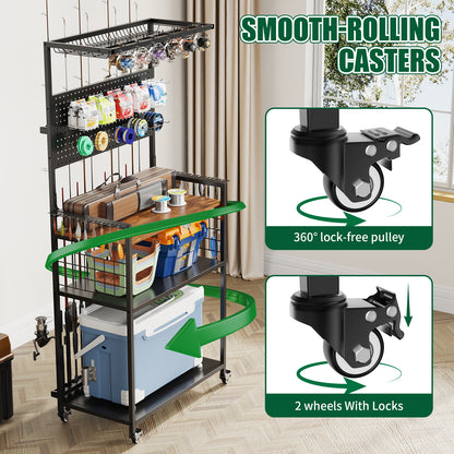 Fishing Rod Storage Rack With Pegboard, Rolling Tackle Organizer Cart, Multi-Tier Fishing Gear Stand For Rods, Reels, Tackle Boxes & Bags, Heavy Duty Metal Holders With Lockable Wheels — product image 7