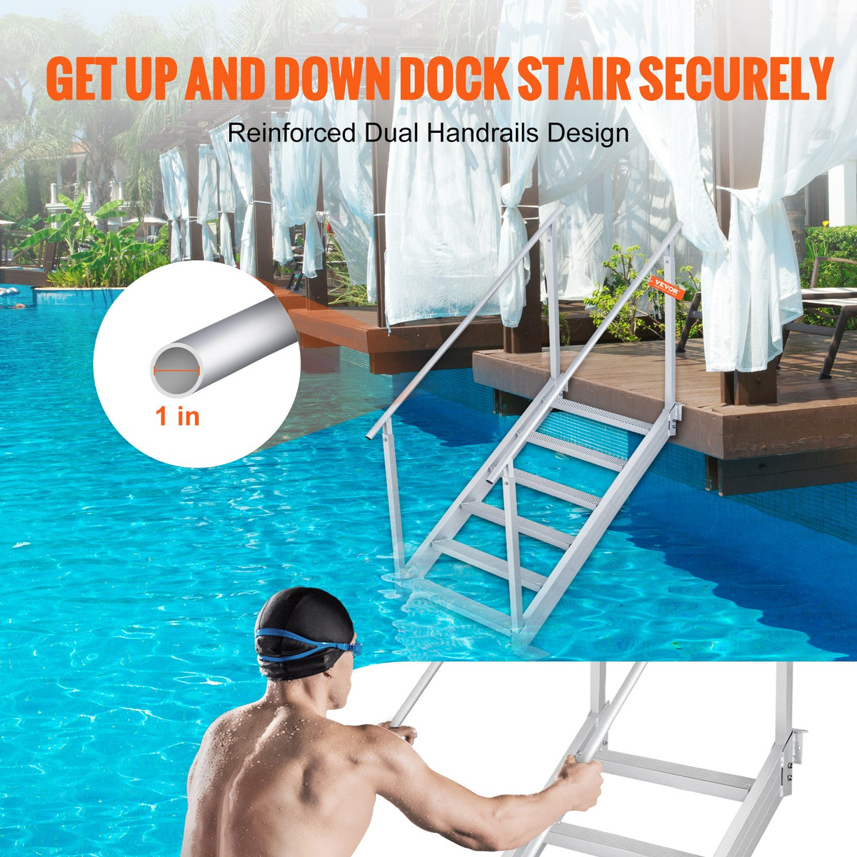 Dock Ladder, 43''-51'' Adjustable Height, 500 Lbs Load Capacity, Aluminum Alloy 6 Steps Pontoon Boat Ladder With Dual Handrails & Nonslip Rubber Mat, Ideal For Ship/Lake/Pool/Marine Boarding — product image 5