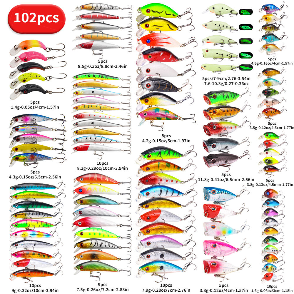 22pcs 58pcs 102pcs Fishing Lure Kits Multi-functional Set Topwater Floating Swimming Lures, Equipped With High Pitch Hook Soft Frogs, Used For Bass Fishing. — product image 11