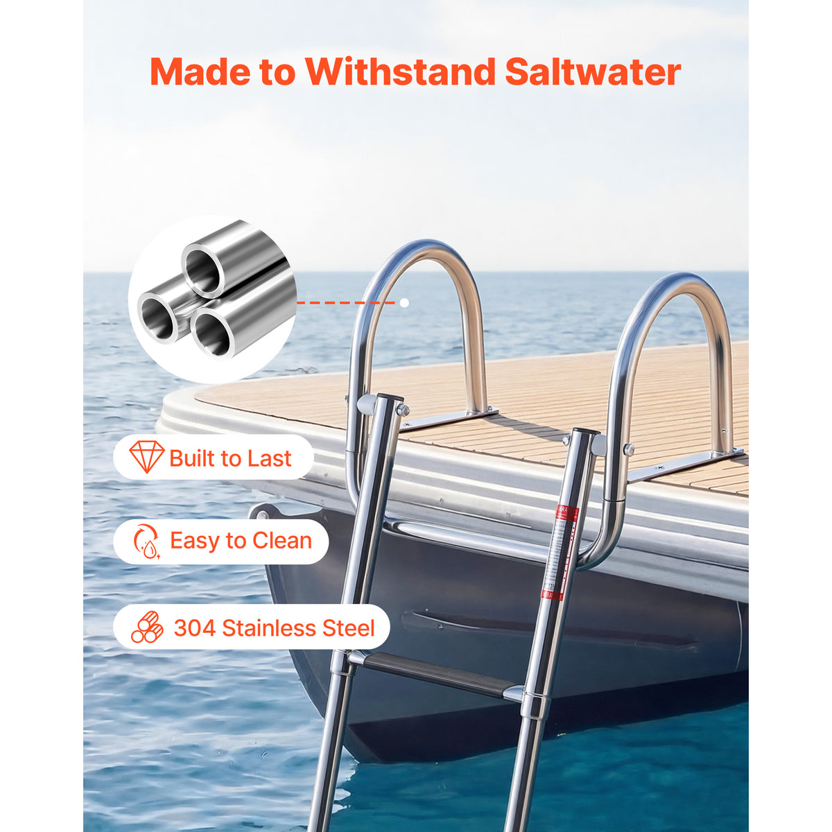 Boat Ladder, 3 Steps, Stainless Steel Telescoping Folding Swim Deck Ladder For Rear Entry Inboard, 600 Lbs Capacity With Wide Anti-Slip Steps & Handrails, For Outboards, Yacht, Pontoon Boats — product image 2