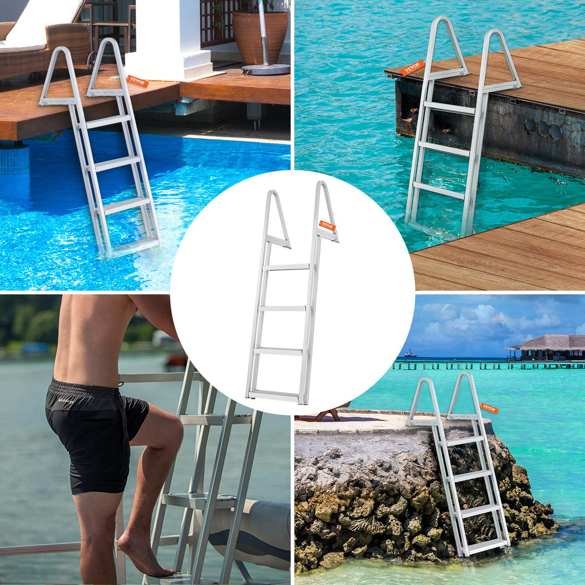 VEVOR Dock Ladder, Removable 4 Steps, 350 Lbs Load Capacity, Aluminum Alloy Pontoon Boat Ladder With Wide Step & Nonslip Rubber Mat, Easy To Install For Ship Lake Pool Marine Boarding — product image 13