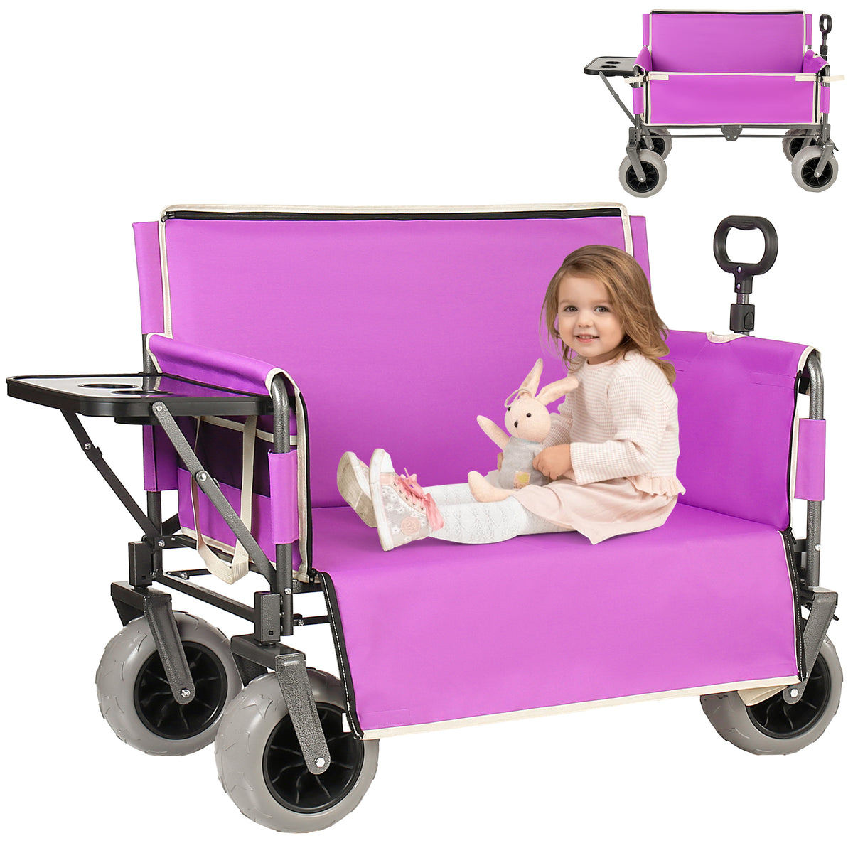 3- In- 1 Collapsible Wagon Converts To Bench Convertible Folding Wagon Cart With Rear- Mounted Folding Tabletop 500lbs Heavy- Duty 180L Capacity For Camping Beach Garden Fishing- Purple — product image 1