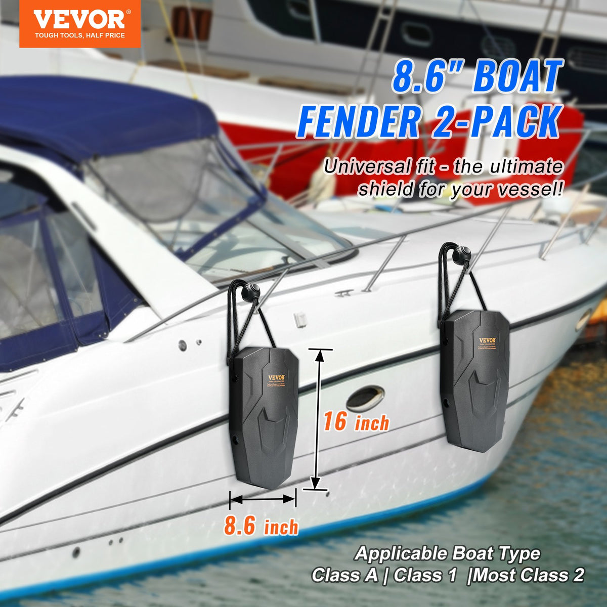 Boat Fenders, 8.6" X 16" Boat Bumpers For Docking, Marine EVA Boat Dock Fender Bumper With Ropes, Cord Locks And Storage Bag, No Inflation Required, For Class A/Class 1/Part Class 2, Black — product image 2