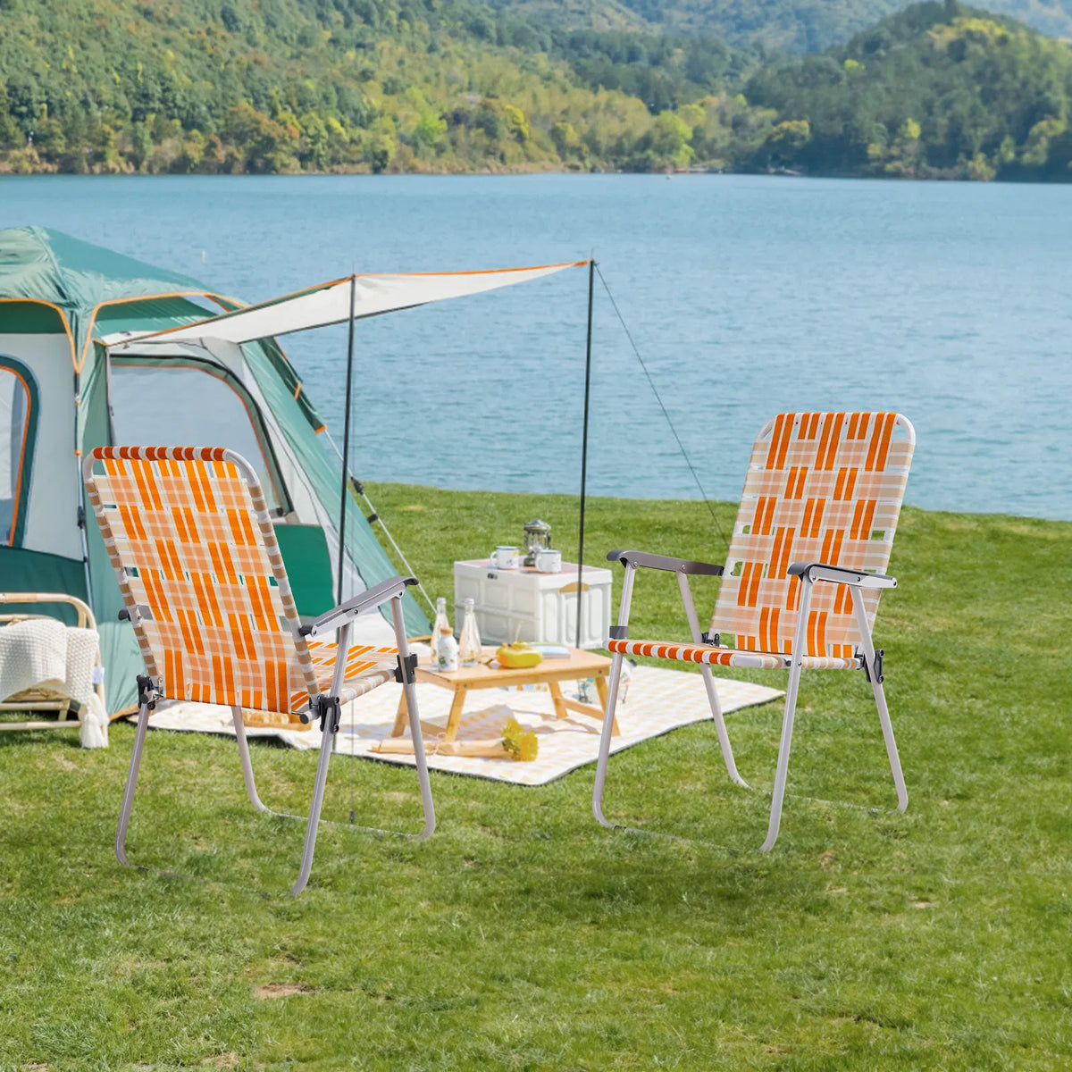 Set of 2 Webbed Folding Beach Chairs, Outdoor Patio Lawn Foldable Chairs for Camping Fishing Yard Poolside BBQ, Orange & White — product image 17