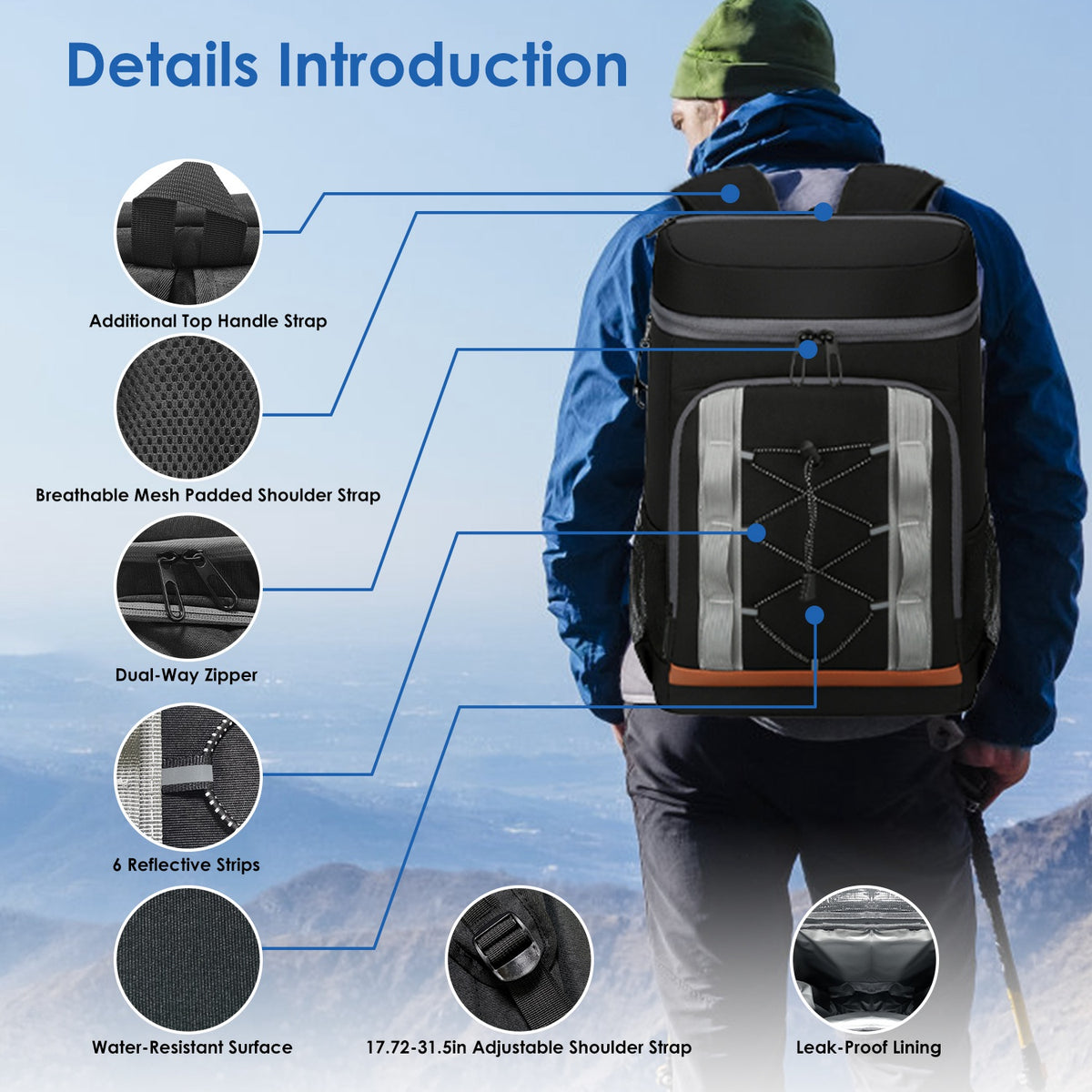 Grey-Black Options 1Pc Cooler Backpack 36 Can Leakproof Insulated Cooler Backpack With 25L 6.6Gal For Picnic Camping Beach Hiking Fishing Travel — product image 11
