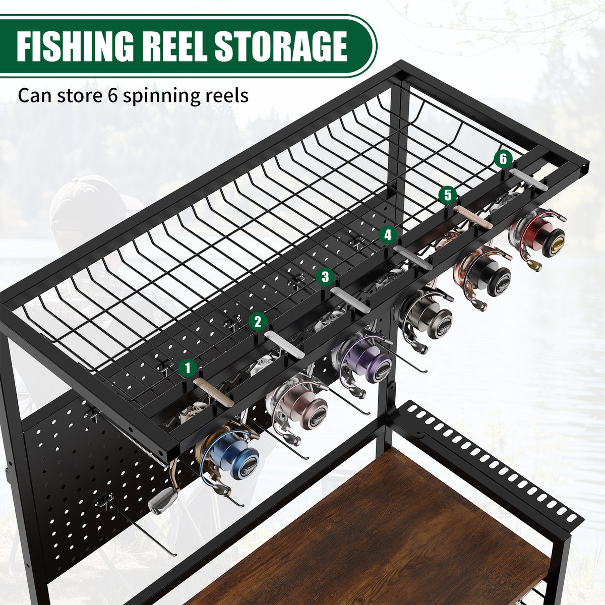 Fishing Rod Storage Rack With Pegboard, Rolling Tackle Organizer Cart, Multi-Tier Fishing Gear Stand For Rods, Reels, Tackle Boxes & Bags, Heavy Duty Metal Holders With Lockable Wheels — product image 9