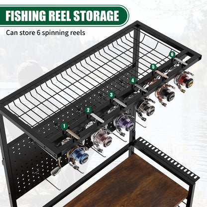 Fishing Rod Storage Rack With Pegboard, Rolling Tackle Organizer Cart, Multi-Tier Fishing Gear Stand For Rods, Reels, Tackle Boxes & Bags, Heavy Duty Metal Holders With Lockable Wheels — product image 9