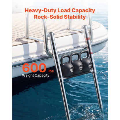 Boat Ladder, 3 Steps, Stainless Steel Telescoping Folding Swim Deck Ladder For Rear Entry Inboard, 600 Lbs Capacity With Wide Anti-Slip Steps & Handrails, For Outboards, Yacht, Pontoon Boats — product image 5