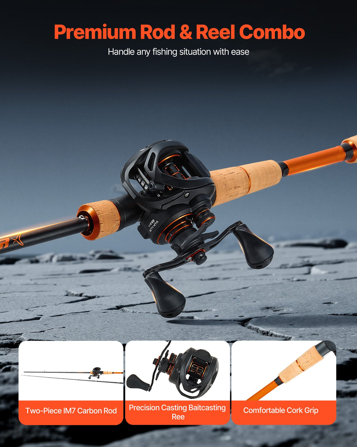 Rod And Fishing Reel Combo, IM7 Carbon Fiber Baitcasting Rod And Reel Combo, Bass Fishing Pole With 7+1 BB System, 7.0:1 Gear Ratio, Cork Handle, Stainless Steel Guides With Ceramic Rings — product image 2