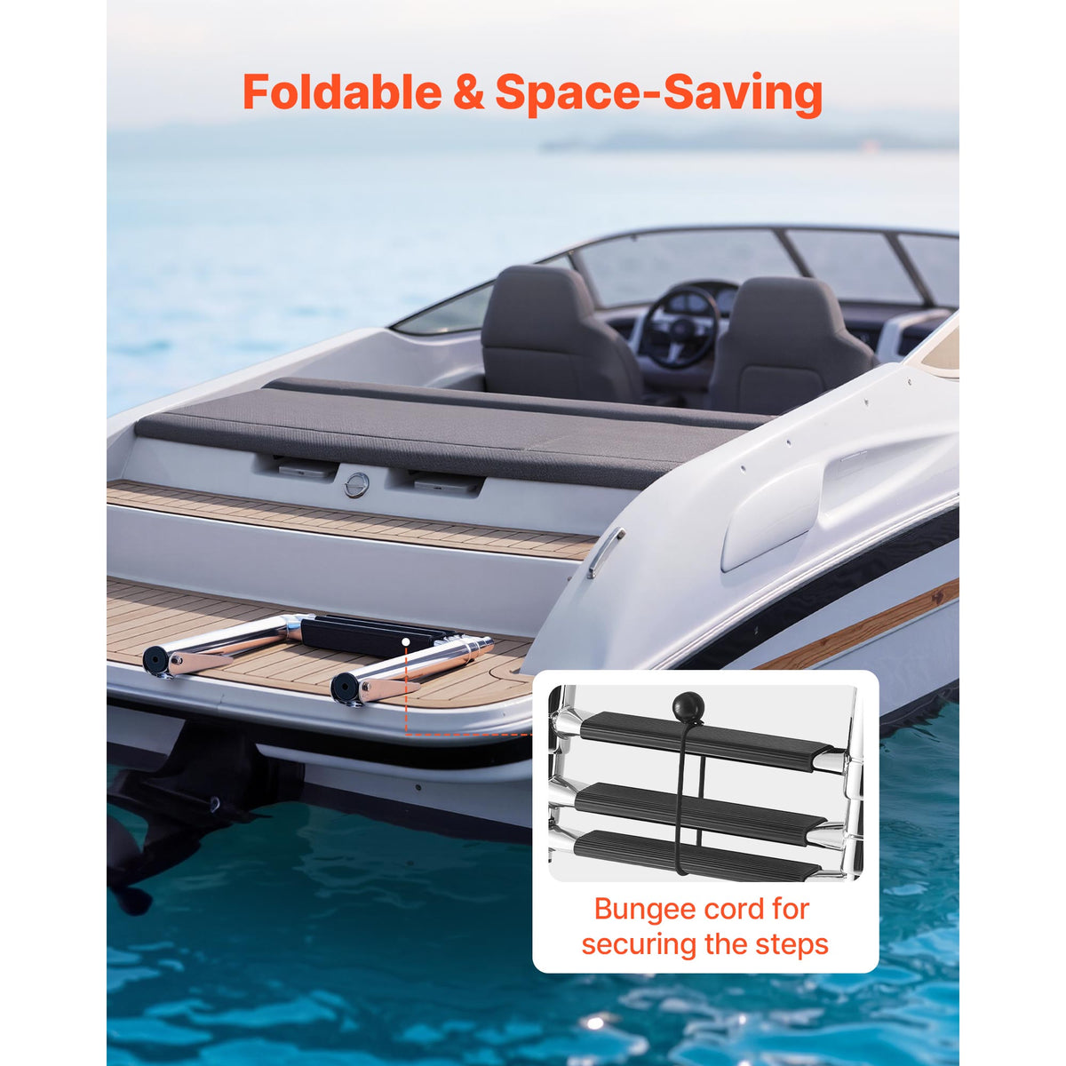 Boat Ladder, 3 Steps, Stainless Steel Telescoping Folding Swim Deck Ladder For Rear Entry Inboard, Heavy Duty 600 Lbs Capacity With Wide Anti-Slip Steps, For Outboards, Yacht, Pontoon Boats — product image 5