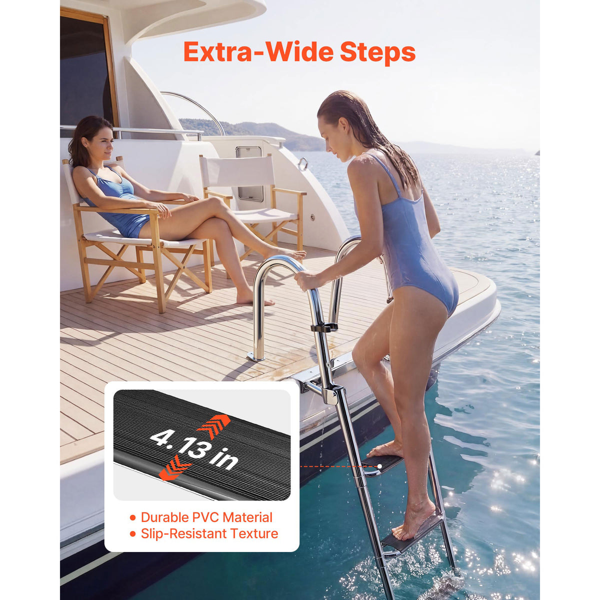 Boat Ladder, 4 Steps, Stainless Steel Telescoping Folding Swim Deck Ladder For Rear Entry Inboard, 600lbs Capacity With Extra Wide Anti-Slip Steps & Handrails, For Outboards, Yacht, Pontoon Boat — product image 3