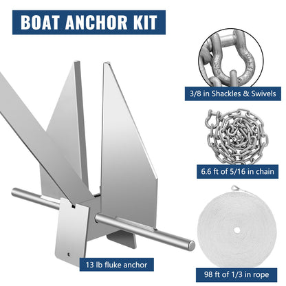 Boat Anchor Kit 13 Lb Fluke Style Anchor, Hot Dipped Galvanized Steel Fluke Anchor, Marine Anchor With Anchor, Shackles, Chain, Rope For Boat Mooring On The Beach, Boats From 20'-32' — product image 2