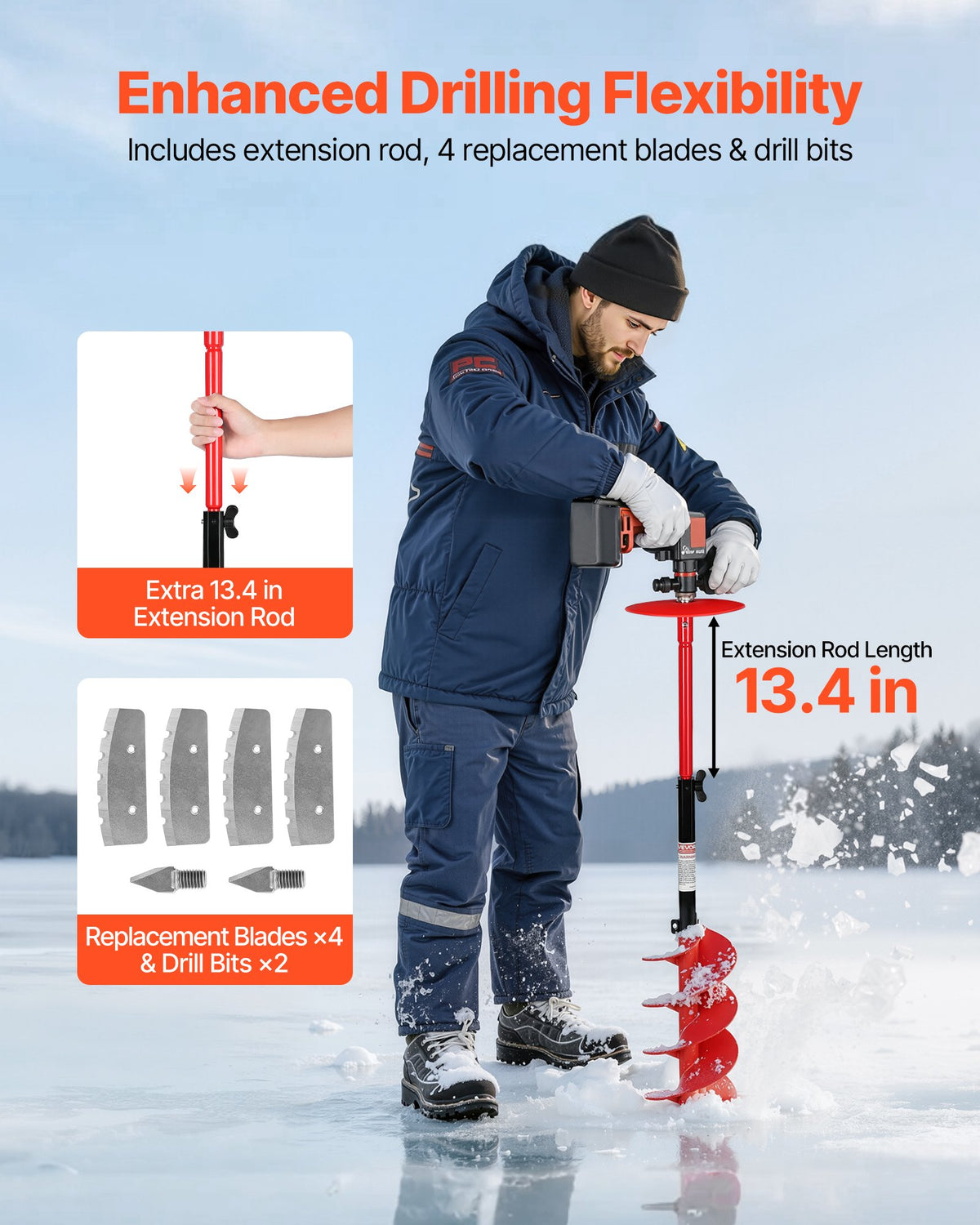 Ice Auger Drill Bit, 8in Diameter 39in Length, Cordless Nylon Ice Fishing Augers With Extra 13.4in Extension Rod, Drill Adapter, Top Plate And Blade Guard — product image 5