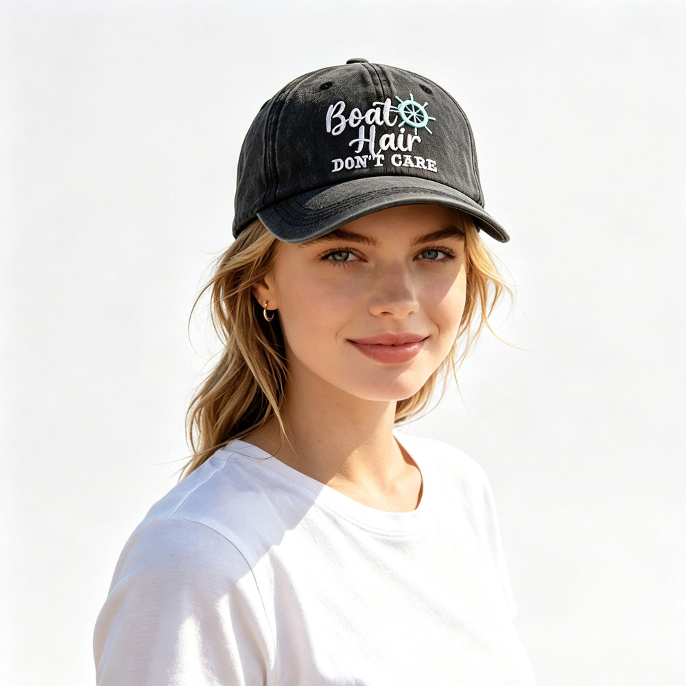 Boat Hair Don't Care Embroidered Baseball Cap, Vintage Washed Distressed Cotton Hat With Ship Wheel Embroidery For Women Boating Fishing Beach — product image 14