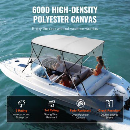 4 Bow Bimini Top Boat Cover, Detachable Mesh Sidewalls, 600D Polyester Canopy With 1" Aluminum Alloy Frame, Includes Storage Boot, 2 Straps, 2 Support Poles, 8'L X 54"H X 91"-96"W, Light Grey — product image 3