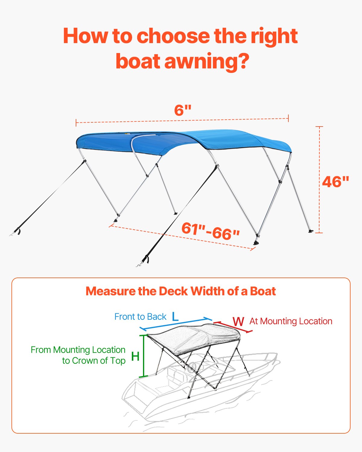 3 Bow Boat Bimini Tops, 600D Polyester Canopy With Aluminum Alloy Frame, Waterproof & Sun Shade Boat Awning Canopy With Storage Bag, 2 Support Poles, 4 Straps, 6'Lx(61"-66")W X46"H, Pacific Blue — product image 5