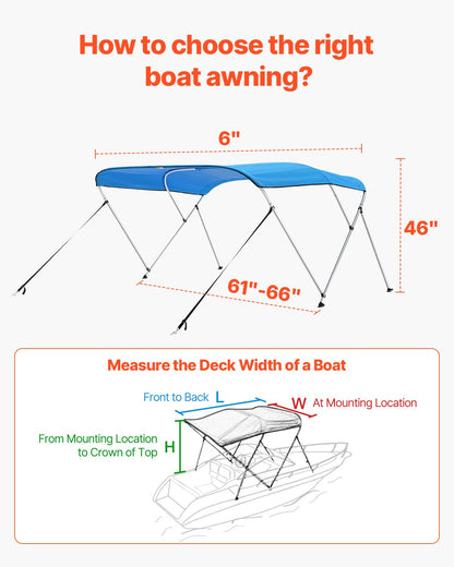 3 Bow Boat Bimini Tops, 600D Polyester Canopy With Aluminum Alloy Frame, Waterproof & Sun Shade Boat Awning Canopy With Storage Bag, 2 Support Poles, 4 Straps, 6'Lx(61"-66")W X46"H, Pacific Blue — product image 5