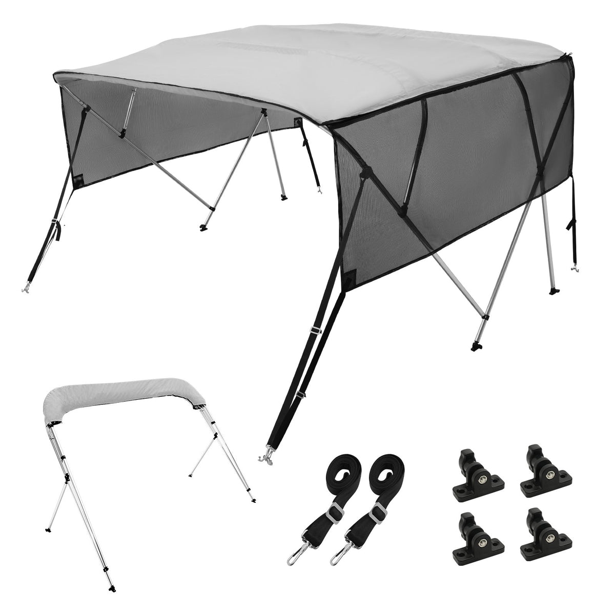 4 Bow Bimini Top Boat Cover, Detachable Mesh Sidewalls, 600D Polyester Canopy With 1" Aluminum Alloy Frame, Includes Storage Boot, 2 Straps, 2 Support Poles, 8'L X 54"H X 79"-84"W, Light Grey — product image 1
