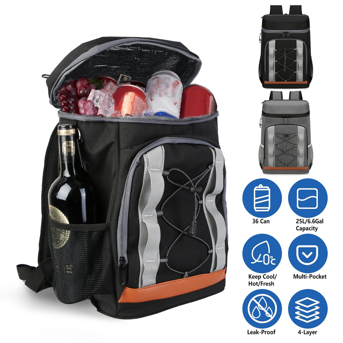 Grey-Black Options 1Pc Cooler Backpack 36 Can Leakproof Insulated Cooler Backpack With 25L 6.6Gal For Picnic Camping Beach Hiking Fishing Travel — product image 15