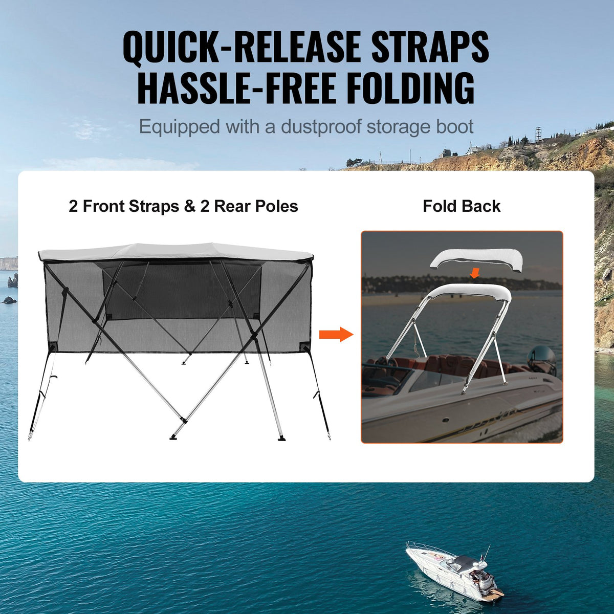 4 Bow Bimini Top Boat Cover, Detachable Mesh Sidewalls, 600D Polyester Canopy With 1" Aluminum Alloy Frame, Includes Storage Boot, 2 Straps, 2 Support Poles, 8'L X 54"H X 91"-96"W, Light Grey — product image 4