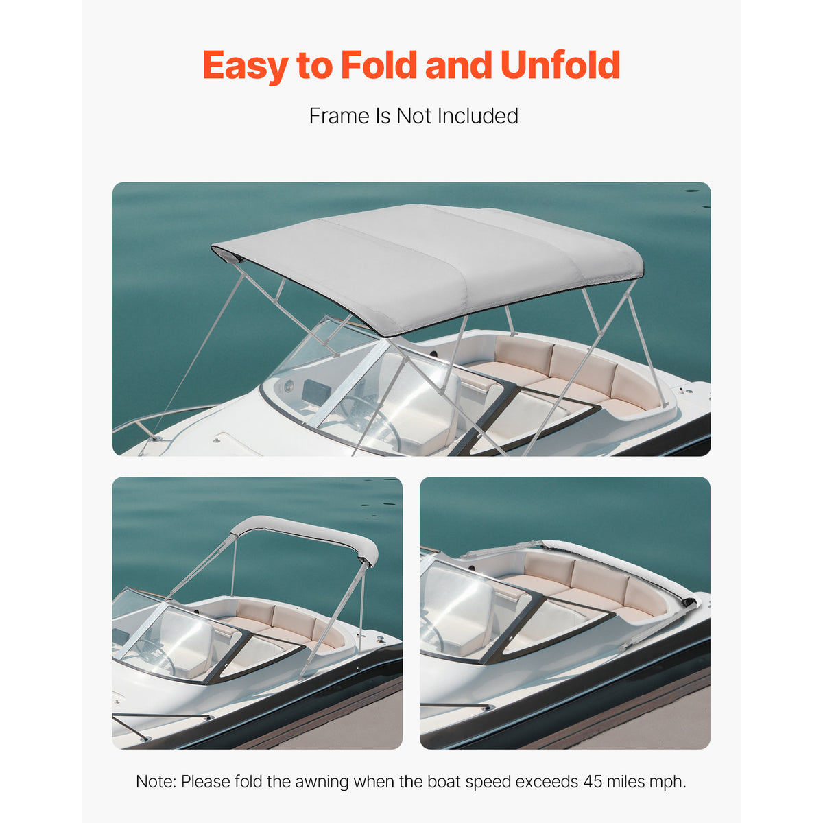 4 Bow Bimini Top Replacement Cover, 8 Ft Long, Durable 600D Marine Grade Waterproof Sun Shade Boat Canopy With Storage Boot, Easy Install Zipper Sleeve Awning, 96 L X 91-96 W, Gray No Frame — product image 5