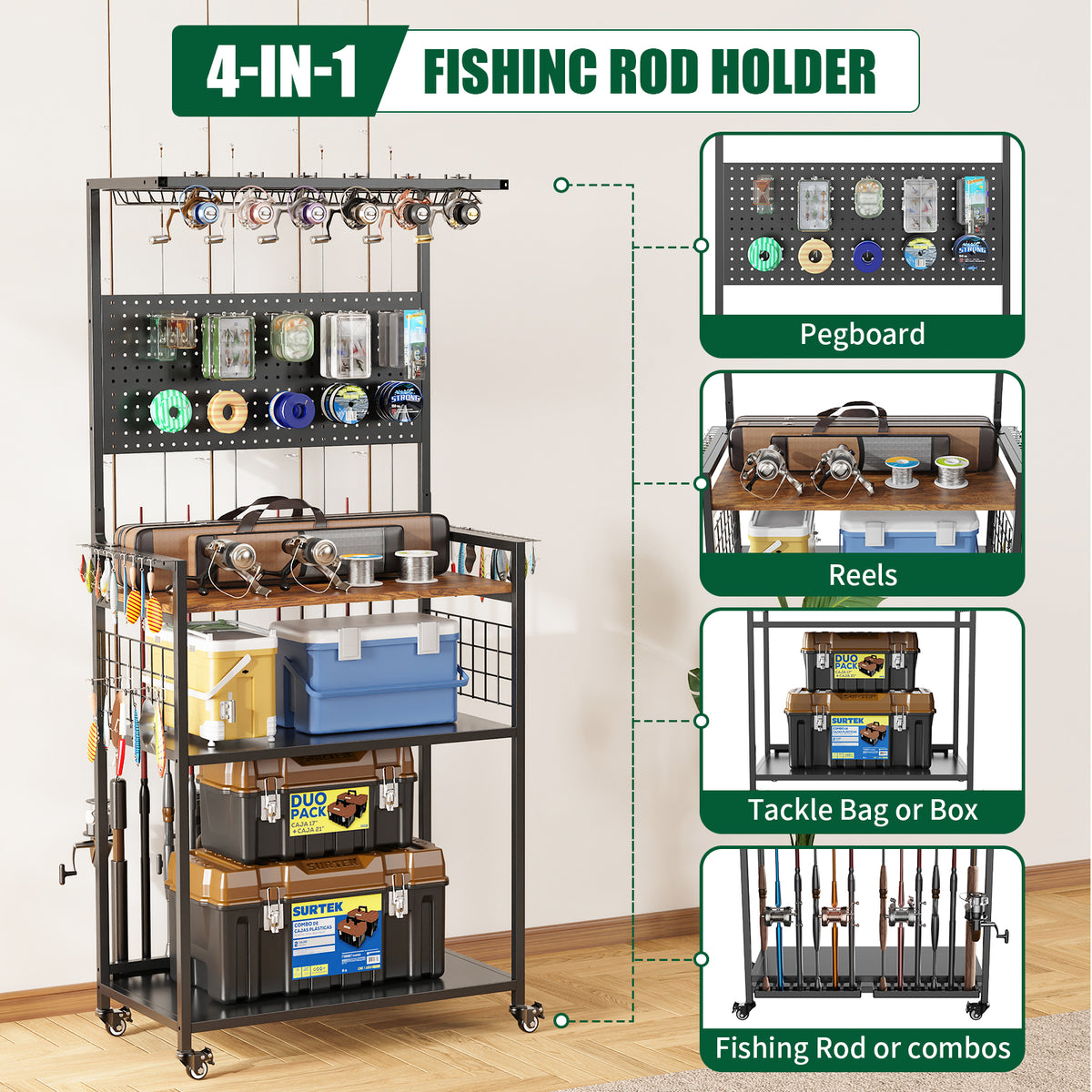 Fishing Rod Storage Rack With Pegboard, Rolling Tackle Organizer Cart, Multi-Tier Fishing Gear Stand For Rods, Reels, Tackle Boxes & Bags, Heavy Duty Metal Holders With Lockable Wheels — product image 5