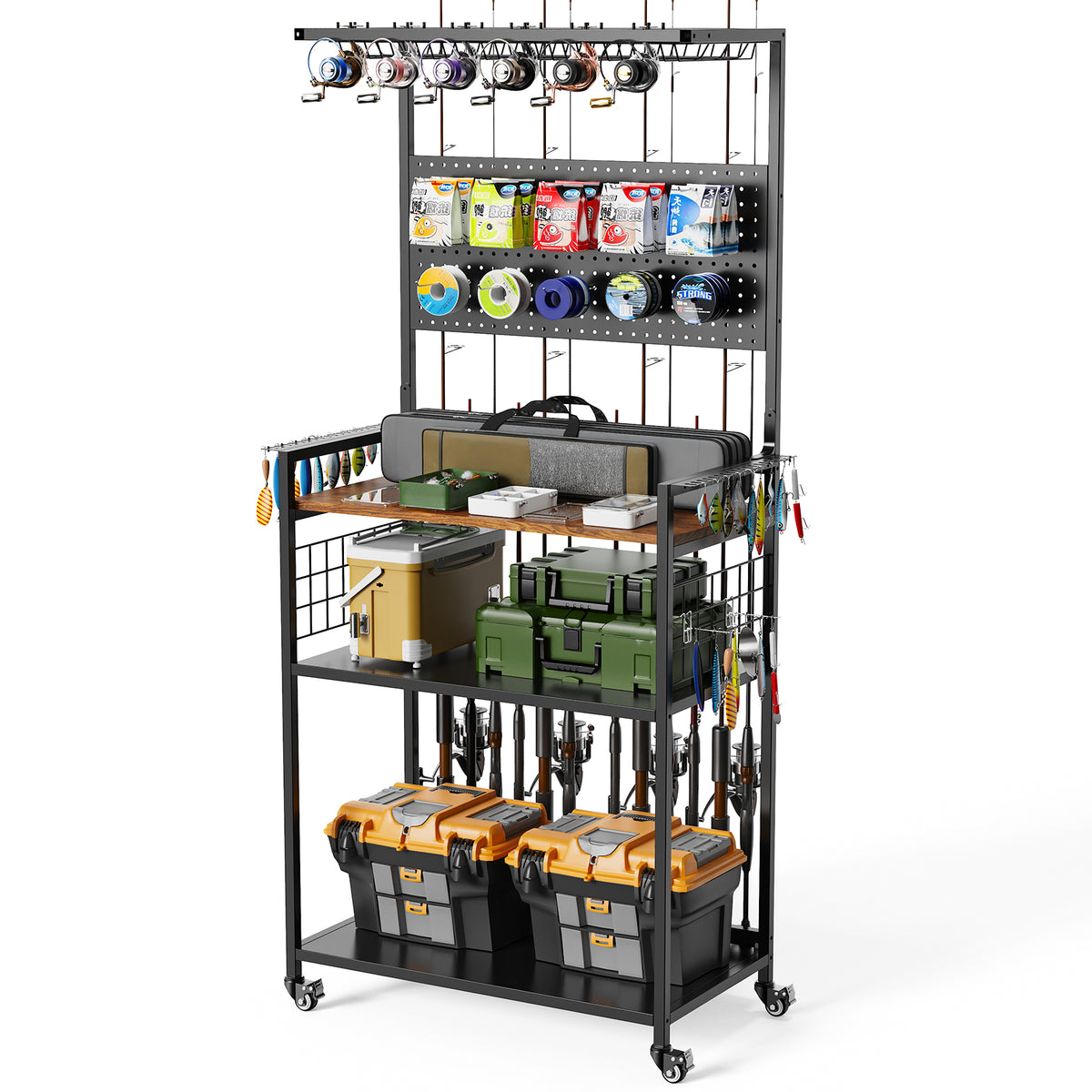 Fishing Rod Storage Rack With Pegboard, Rolling Tackle Organizer Cart, Multi-Tier Fishing Gear Stand For Rods, Reels, Tackle Boxes & Bags, Heavy Duty Metal Holders With Lockable Wheels — product image 1