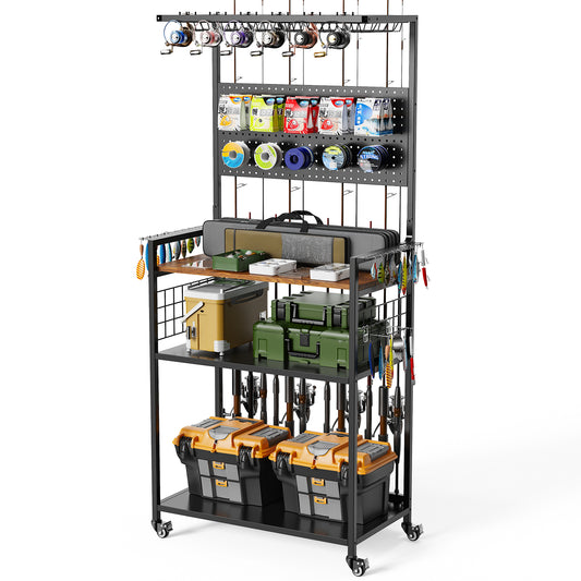 Fishing Rod Storage Rack With Pegboard, Rolling Tackle Organizer Cart, Multi-Tier Fishing Gear Stand For Rods, Reels, Tackle Boxes & Bags, Heavy Duty Metal Holders With Lockable Wheels — product image 1