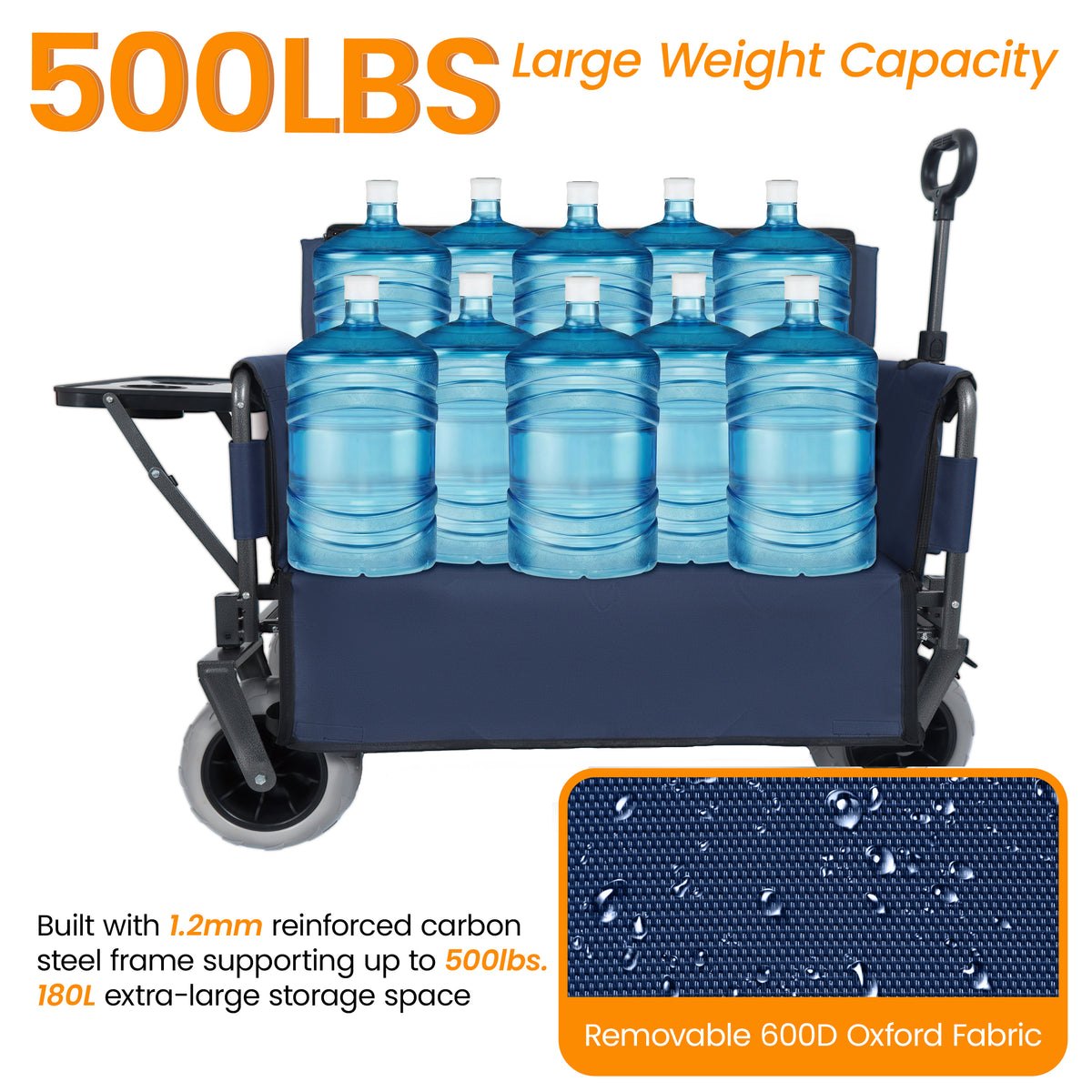 3-in-1 Collapsible Wagon Converts To Bench Convertible Folding Wagon Cart With Canopy &Rear-Mounted Folding Tabletop 500lbs Heavy-Duty 180L Capacity For Camping Beach Garden Fishing Dark Blue — product image 5